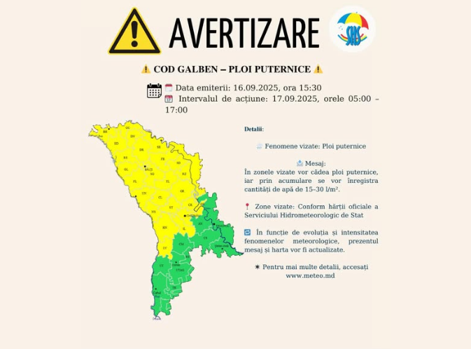 Vine potopul peste Moldova: Alertă de cod galben pentru ploi puternice